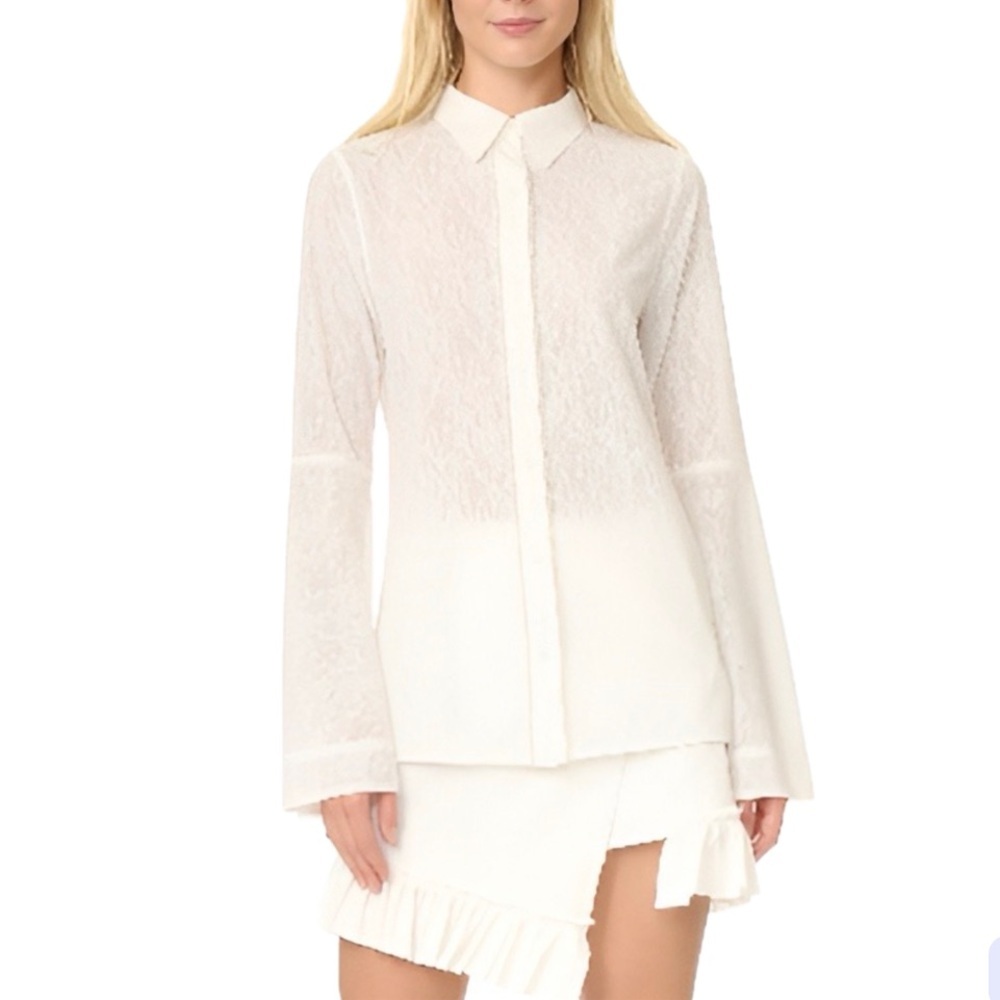 J KOO designer off white lace bell sleeve button up shirt blouse xs